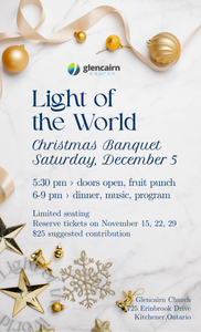 Banquet flyer with decorative accents including ornaments, ribbons, glitter, and snowflakes, with the details as outlined in the post.